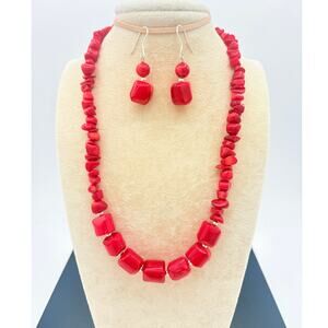 Vintage Red Coral Necklace & Earrings Set | Sterling Silver FAS 925 THAI